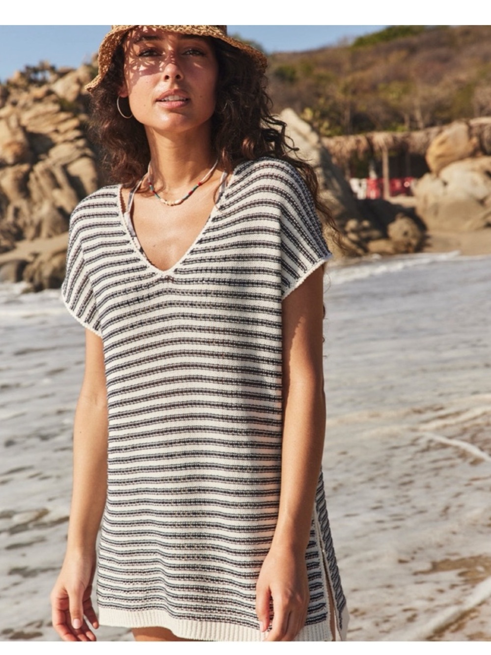 Marine Later Striped V-Neck Beach Cover-Up Bay Knit Crochet Tunic